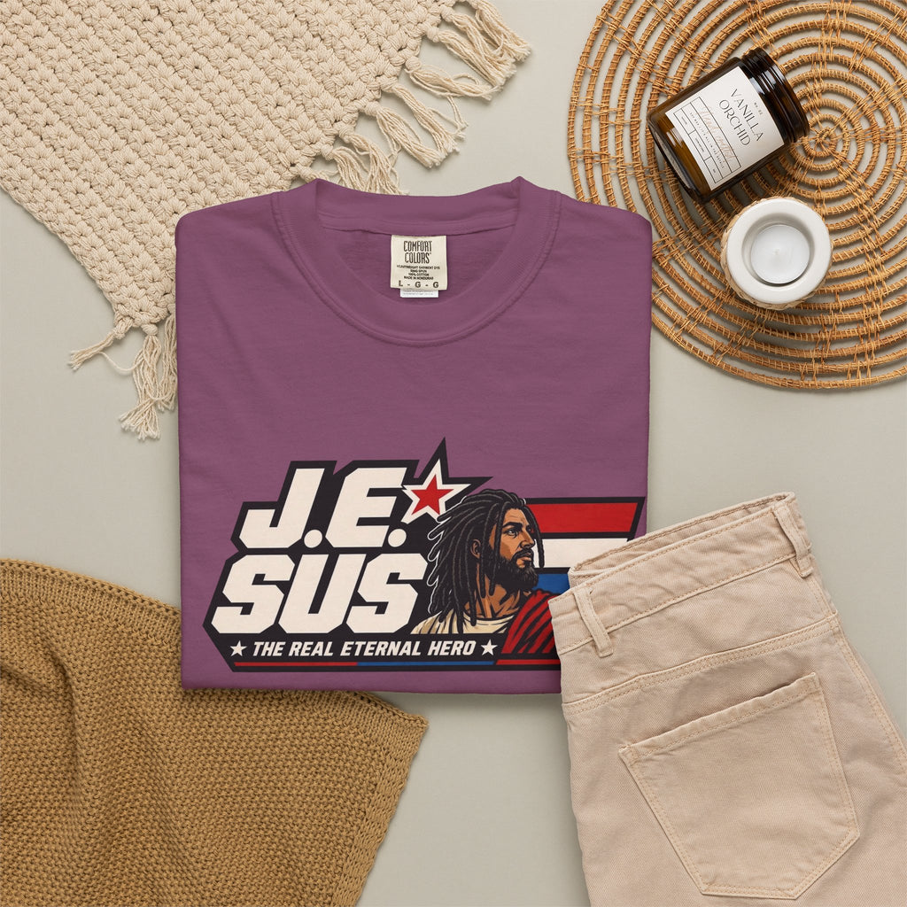 Jesus Retro Graphic T-Shirt — “J.E.SUS The Real Eternal Hero” Christian Vintage Tee