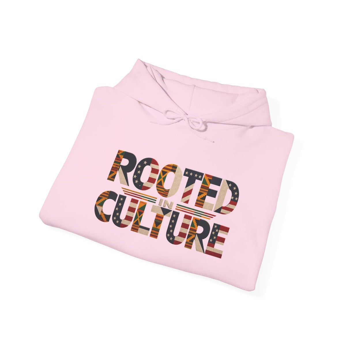 Black Graphic Hoodie — "Rooted in Culture" African Kente Inspired and USA pattern Pullover