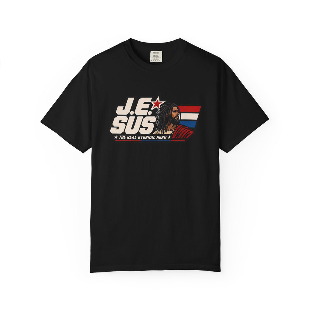 Jesus Retro Graphic T-Shirt — “J.E.SUS The Real Eternal Hero” Christian Vintage Tee