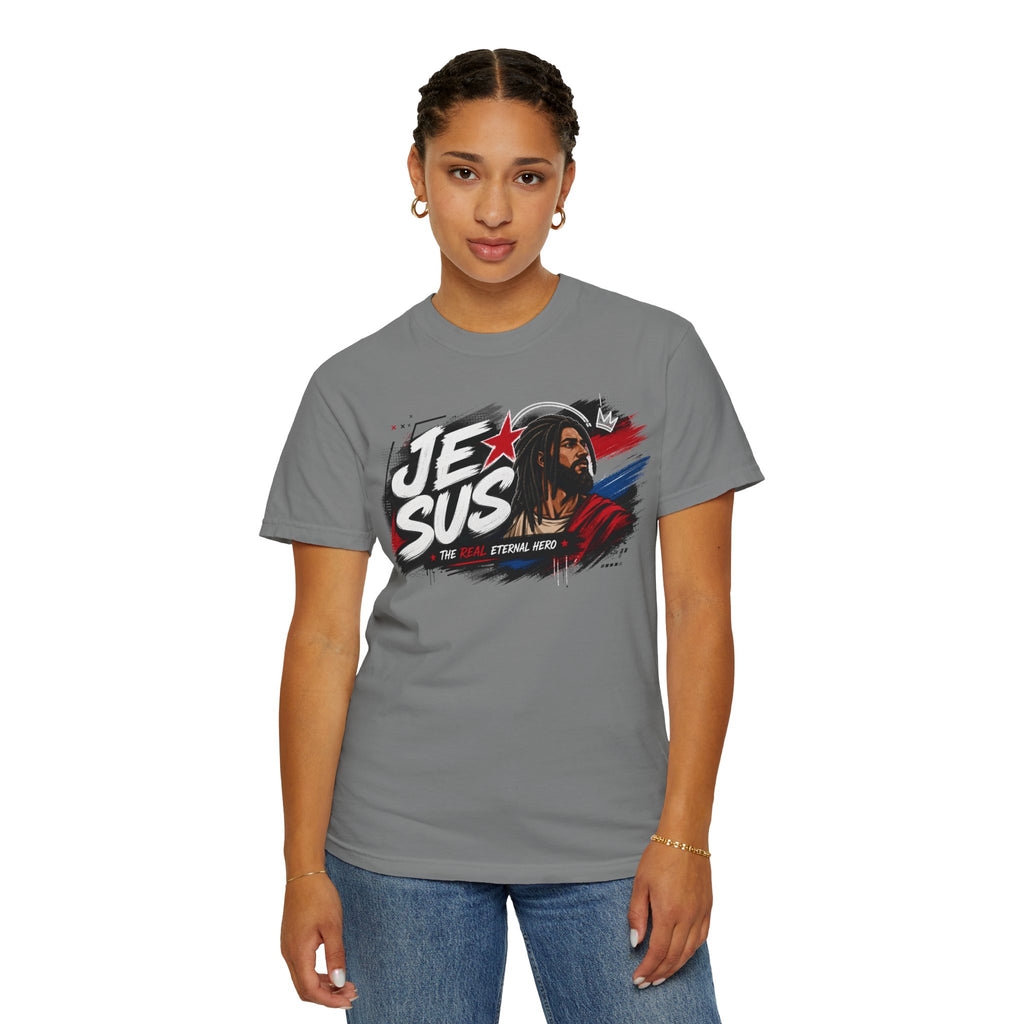 Jesus Retro Graphic T-Shirt — “J.E.SUS The Real Eternal Hero” Christian Vintage Tee