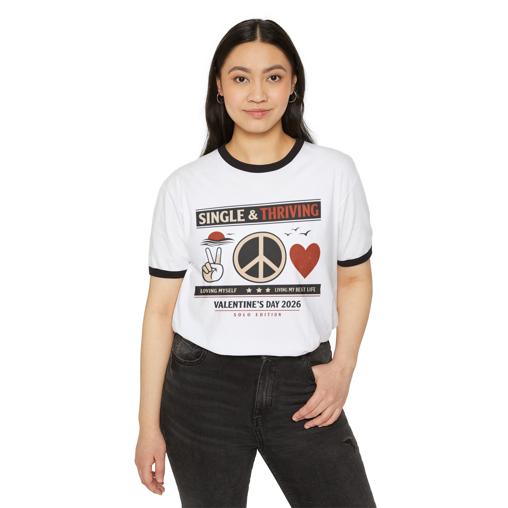 Single & Thriving Ringer T-Shirt – Valentine’s Day 2026 Peace + Self-Love Graphic Tee