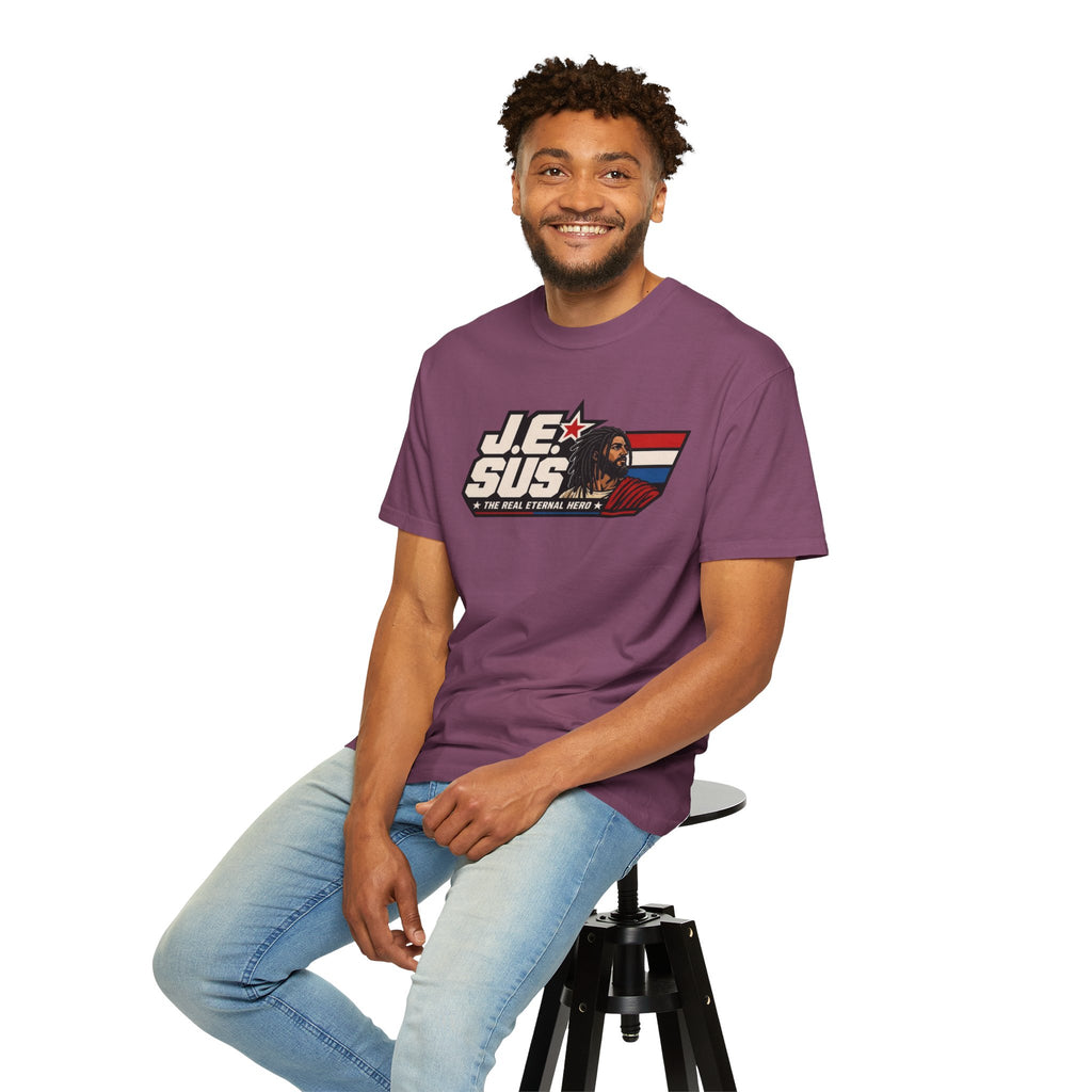 Jesus Retro Graphic T-Shirt — “J.E.SUS The Real Eternal Hero” Christian Vintage Tee