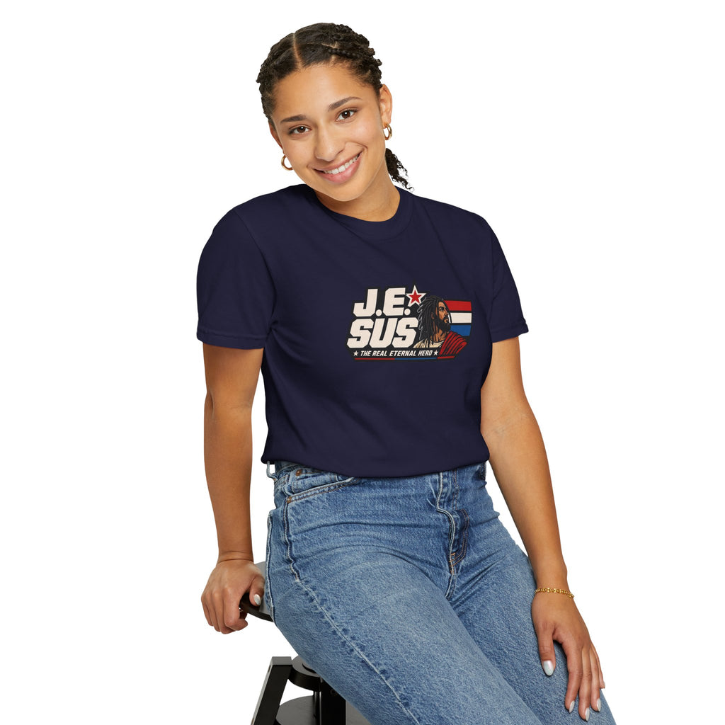 Jesus Retro Graphic T-Shirt — “J.E.SUS The Real Eternal Hero” Christian Vintage Tee