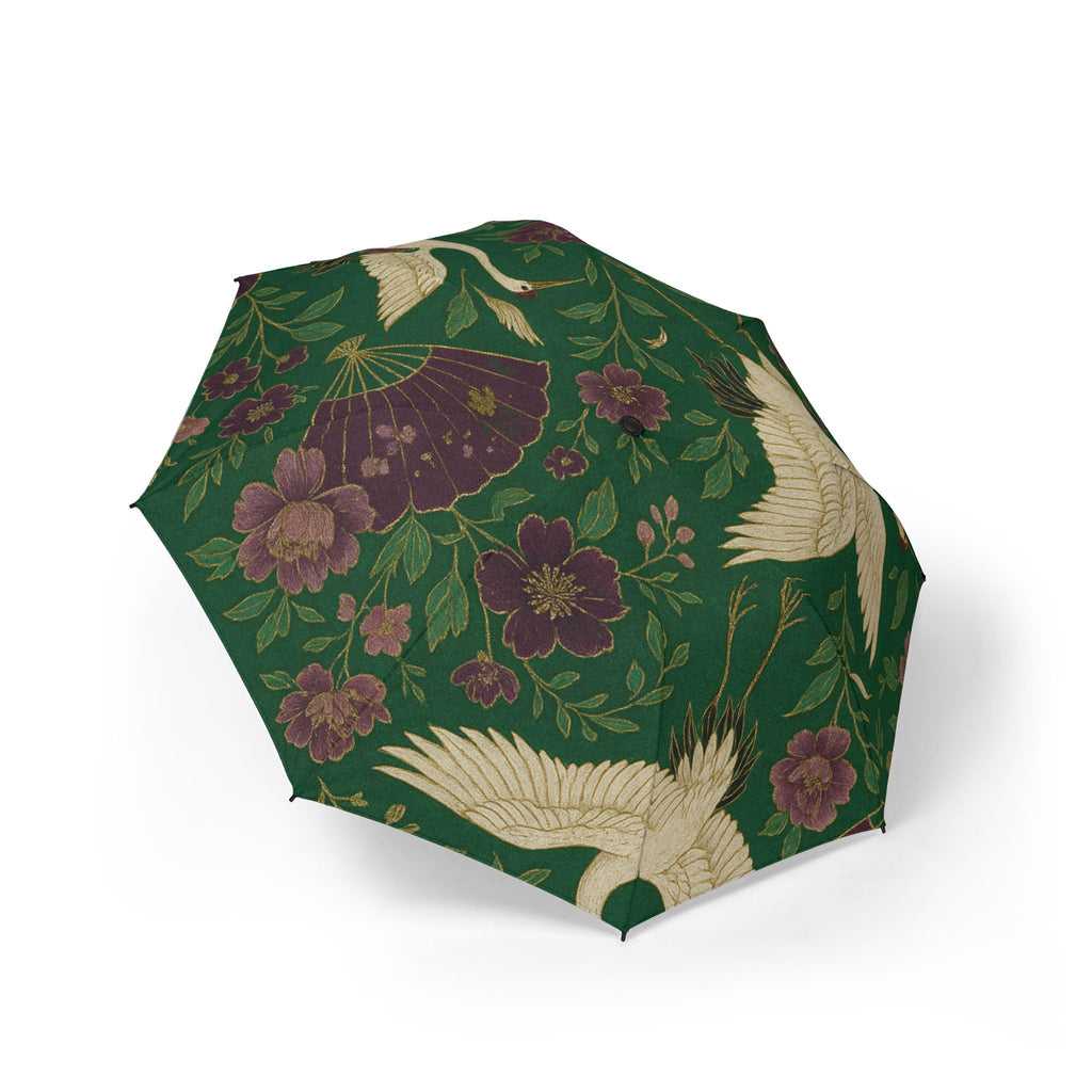 Foldable Umbrella — Vintage Crane & Floral Print, Compact Semi-Automatic Travel Umbrella