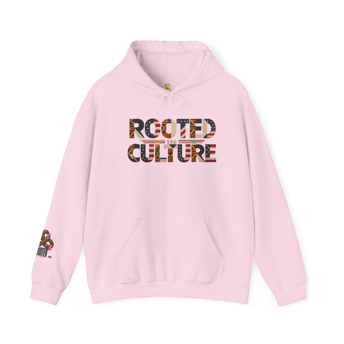 Black Graphic Hoodie — "Rooted in Culture" African Kente Inspired and USA pattern Pullover