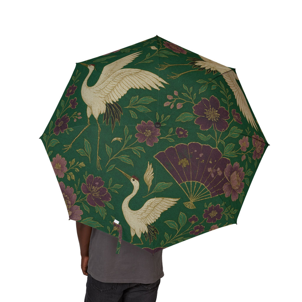Foldable Umbrella — Vintage Crane & Floral Print, Compact Semi-Automatic Travel Umbrella