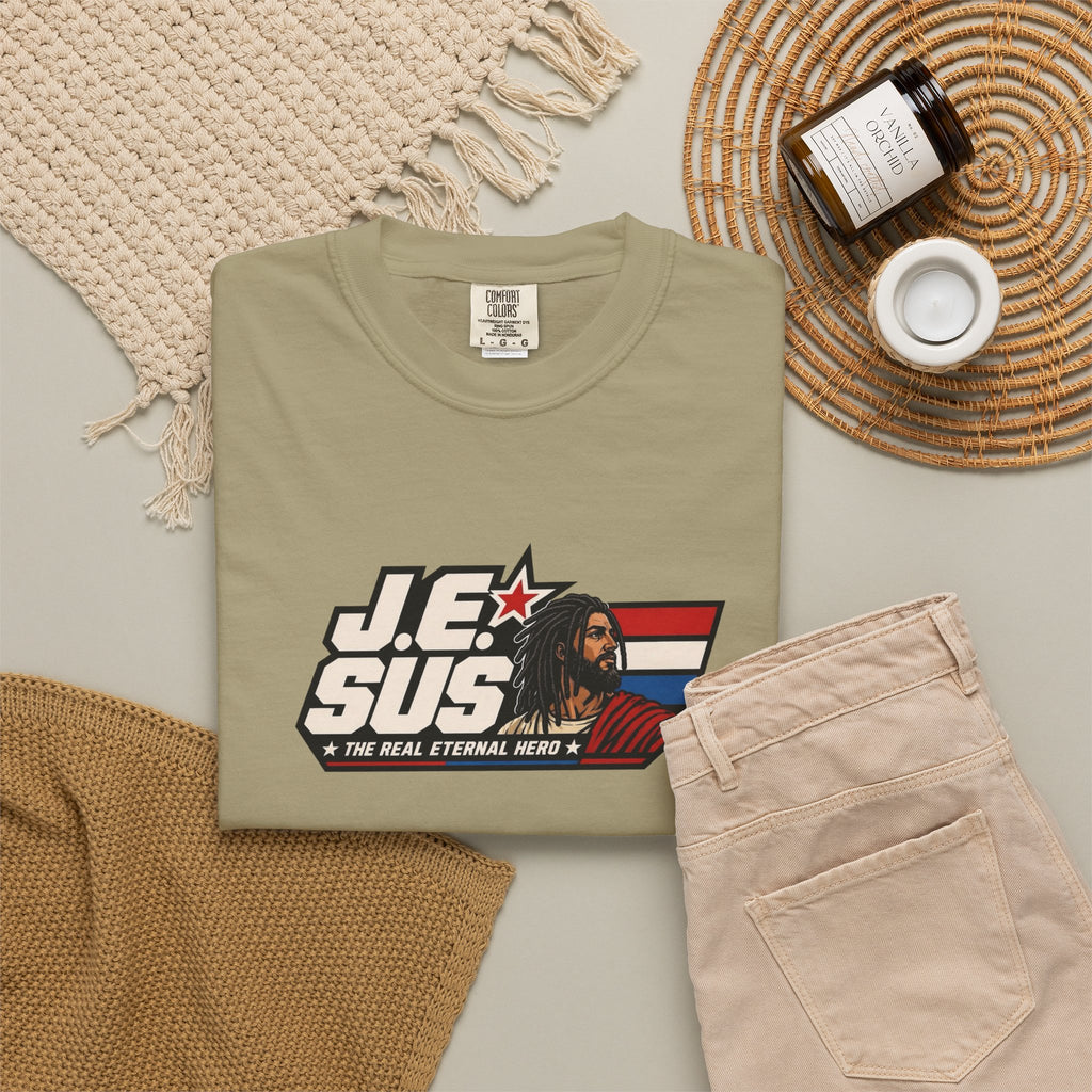 Jesus Retro Graphic T-Shirt — “J.E.SUS The Real Eternal Hero” Christian Vintage Tee