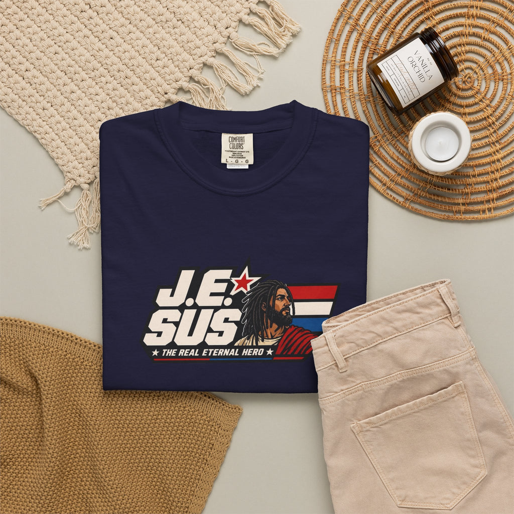 Jesus Retro Graphic T-Shirt — “J.E.SUS The Real Eternal Hero” Christian Vintage Tee