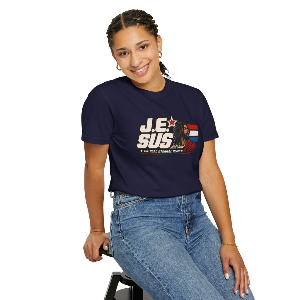 Jesus Retro Graphic T-Shirt — “J.E.SUS The Real Eternal Hero” Christian Vintage Tee