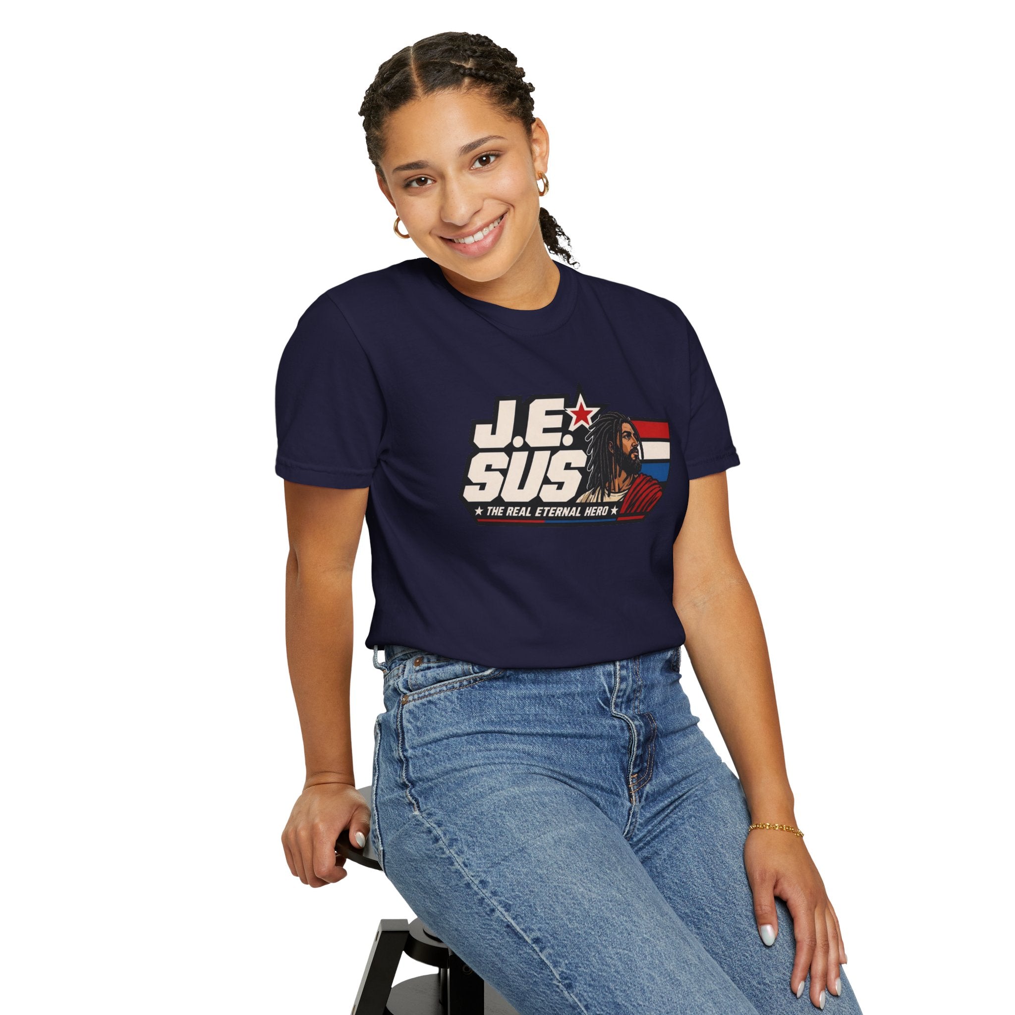 Jesus Retro Graphic T-Shirt — “J.E.SUS The Real Eternal Hero” Christian Vintage Tee