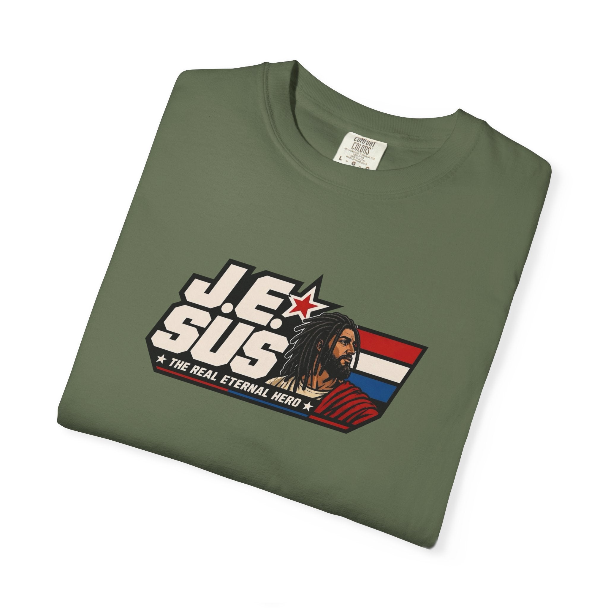 Jesus Retro Graphic T-Shirt — “J.E.SUS The Real Eternal Hero” Christian Vintage Tee