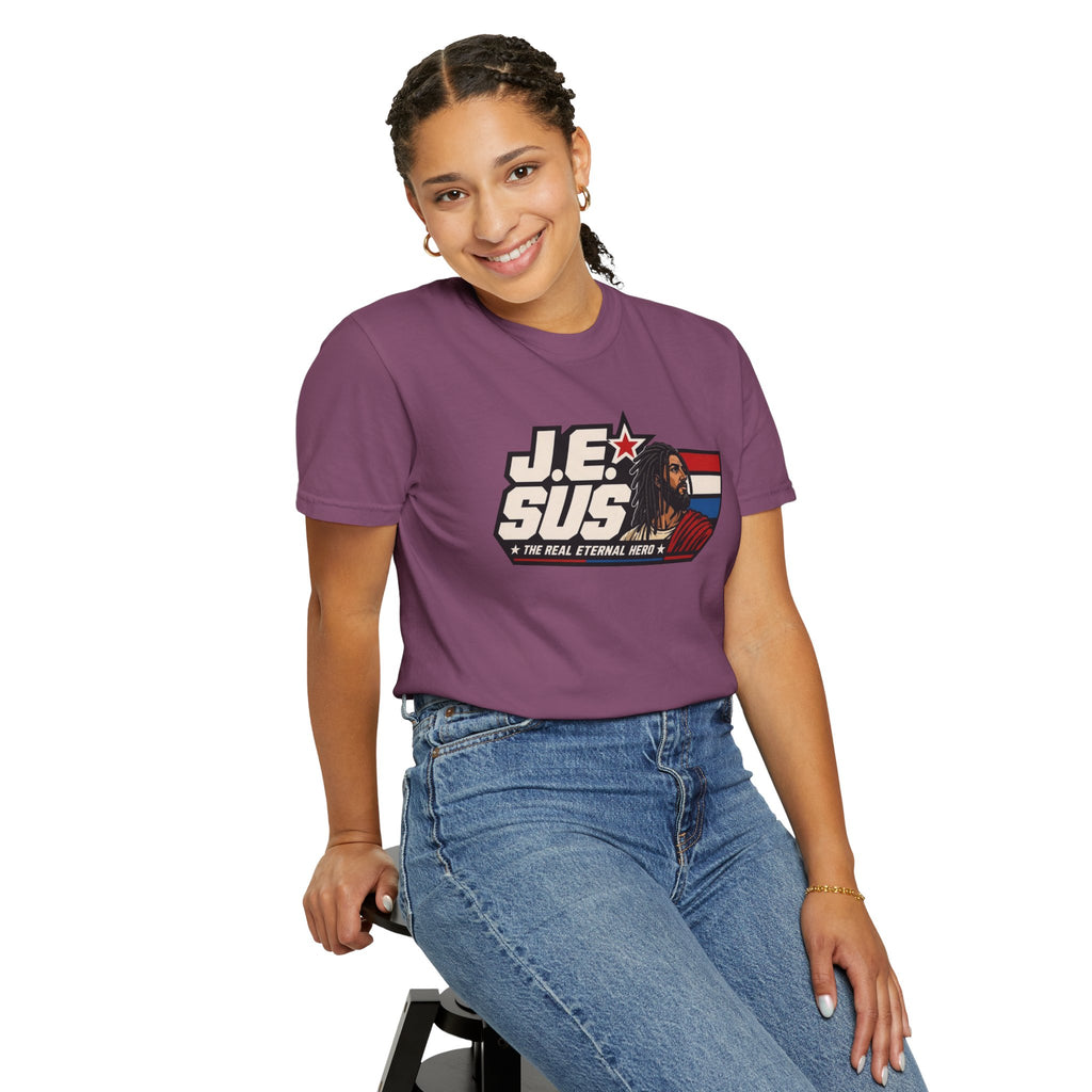 Jesus Retro Graphic T-Shirt — “J.E.SUS The Real Eternal Hero” Christian Vintage Tee