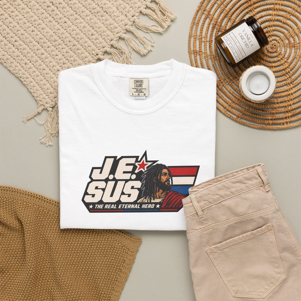 Jesus Retro Graphic T-Shirt — “J.E.SUS The Real Eternal Hero” Christian Vintage Tee