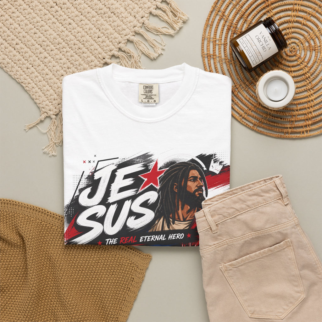 Jesus Retro Graphic T-Shirt — “J.E.SUS The Real Eternal Hero” Christian Vintage Tee