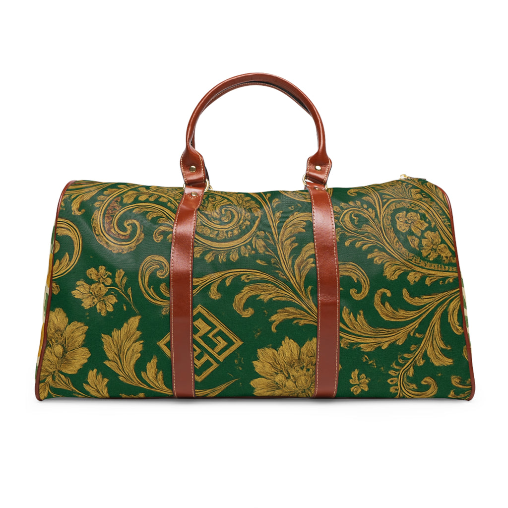 Green Baroque Waterproof Travel Bag — Elegant Floral Weekender Duffle