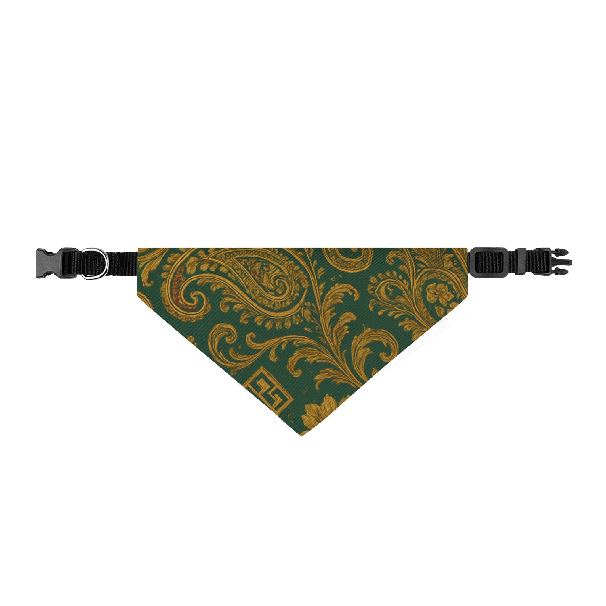 Clip-On Pet Bandana — Vintage Green & Gold Paisley Dog Collar Accessory