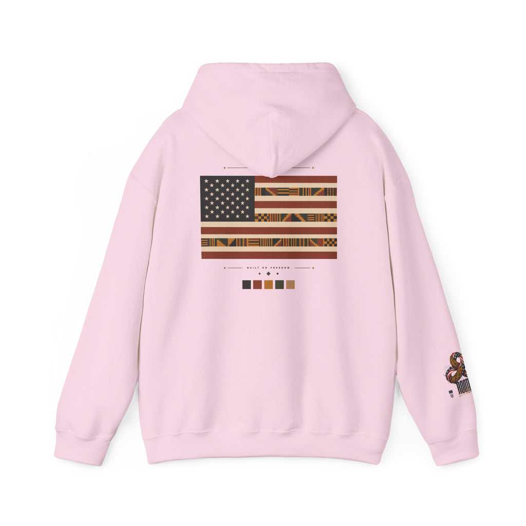 Black Graphic Hoodie — "Rooted in Culture" African Kente Inspired and USA pattern Pullover