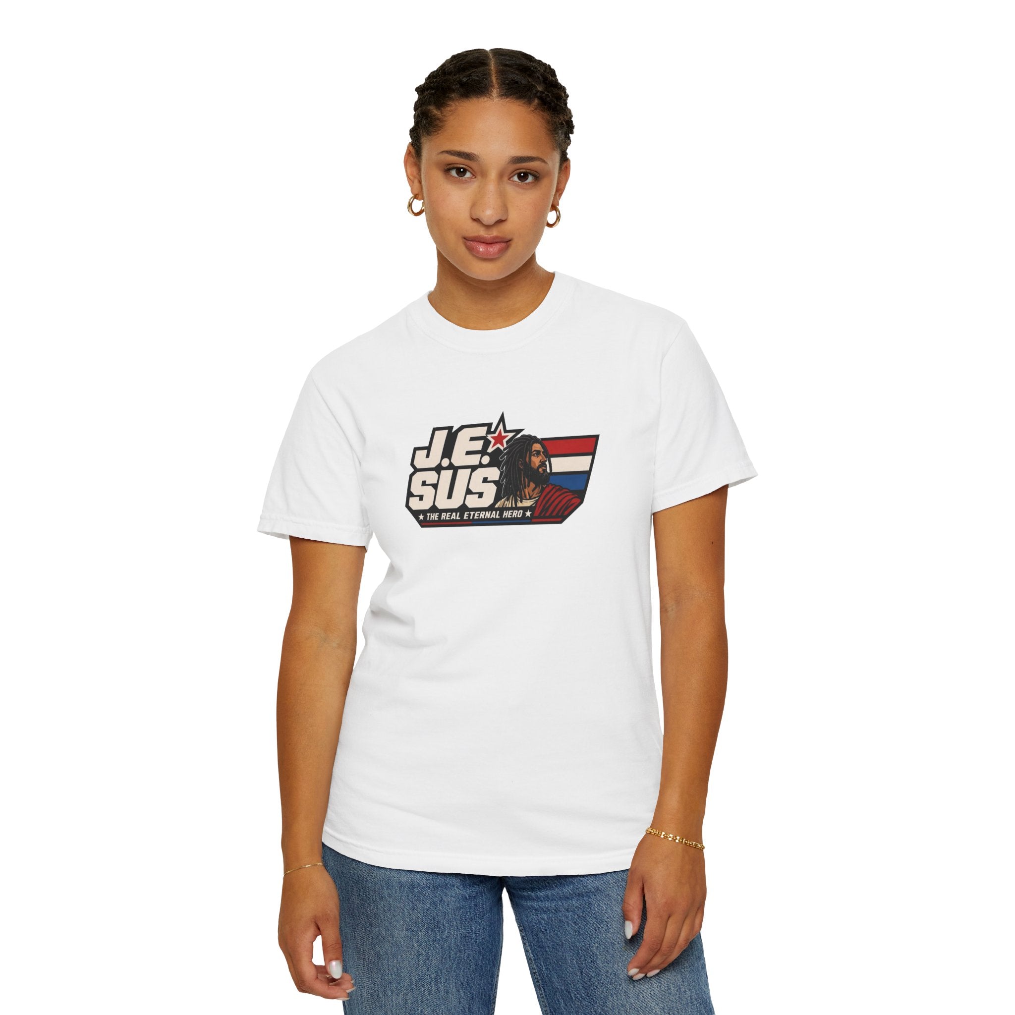 Jesus Retro Graphic T-Shirt — “J.E.SUS The Real Eternal Hero” Christian Vintage Tee