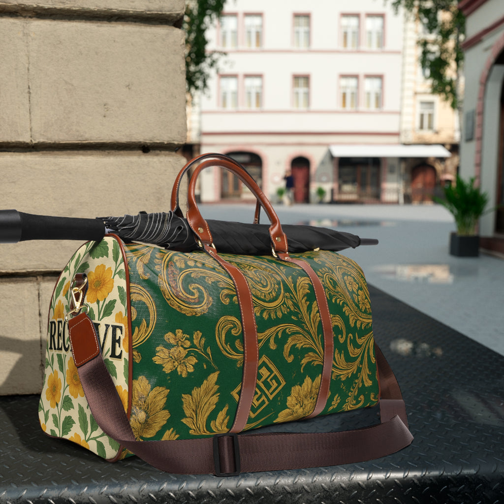 Green Baroque Waterproof Travel Bag — Elegant Floral Weekender Duffle