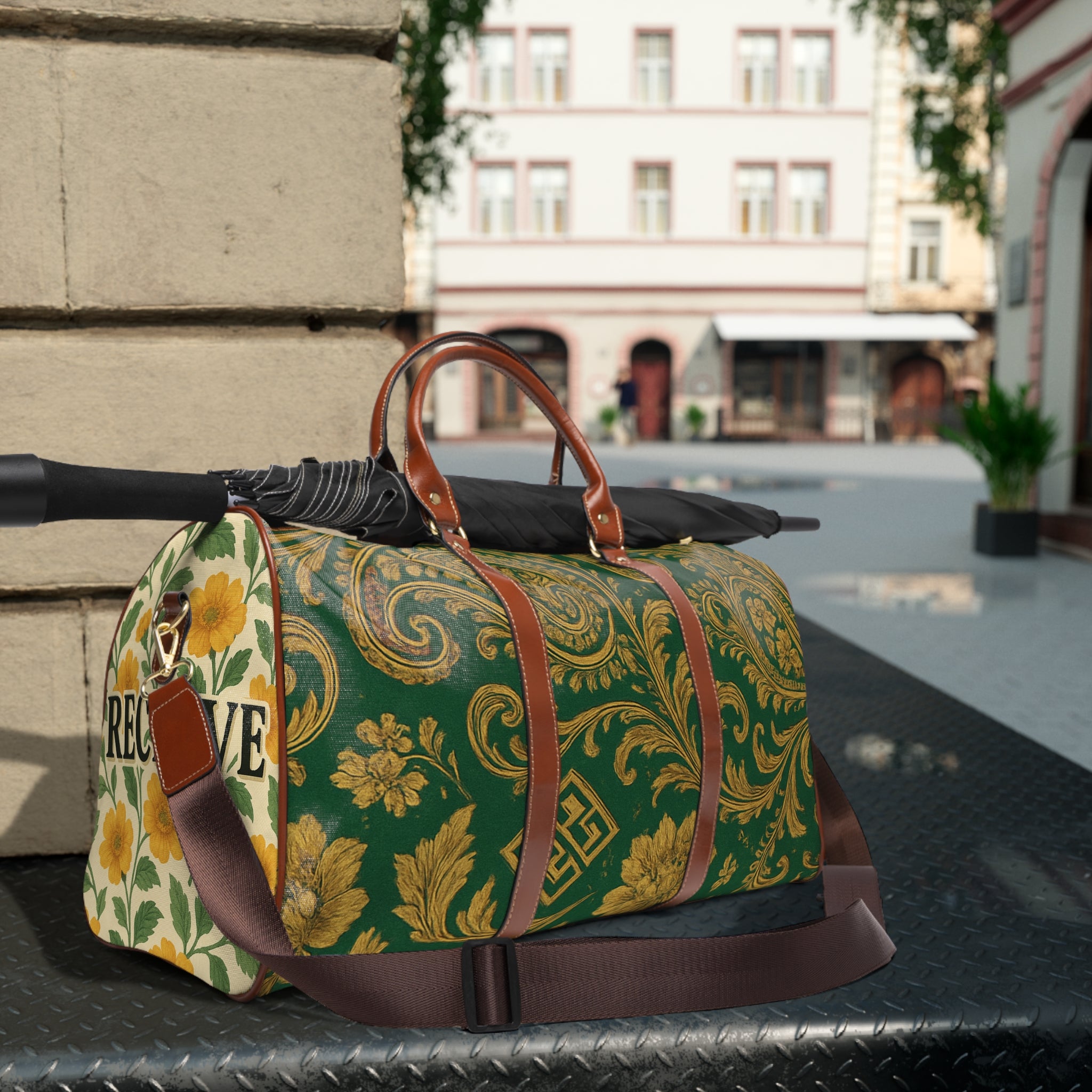Green Baroque Waterproof Travel Bag — Elegant Floral Weekender Duffle