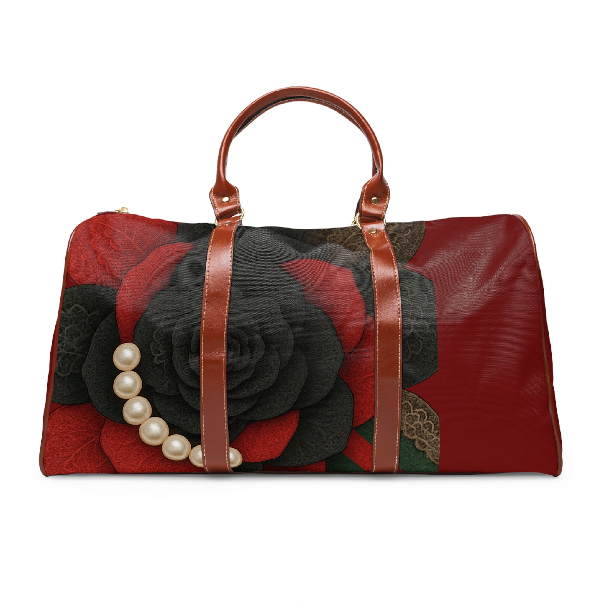 Waterproof Travel Bag — Elegant Black & Red Rose Pearl Duffle