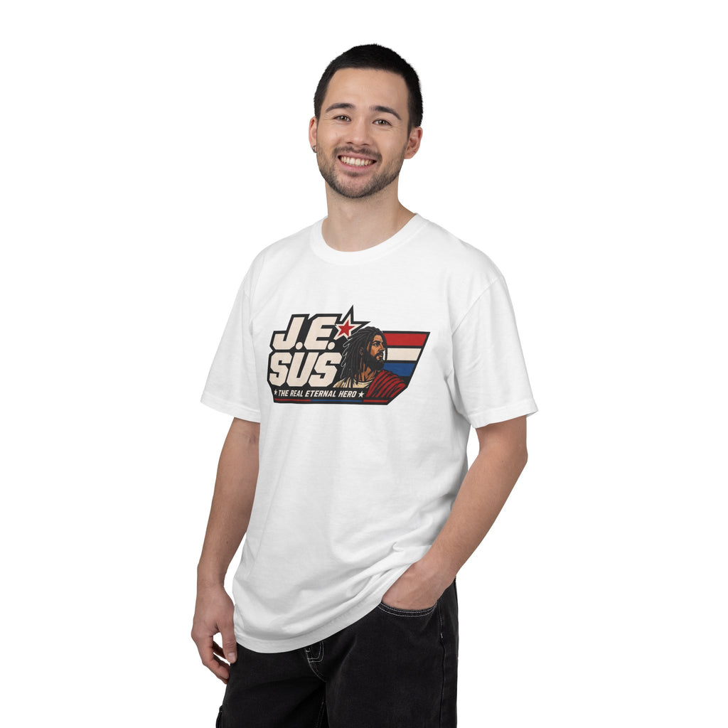 Jesus Retro Graphic T-Shirt — “J.E.SUS The Real Eternal Hero” Christian Vintage Tee