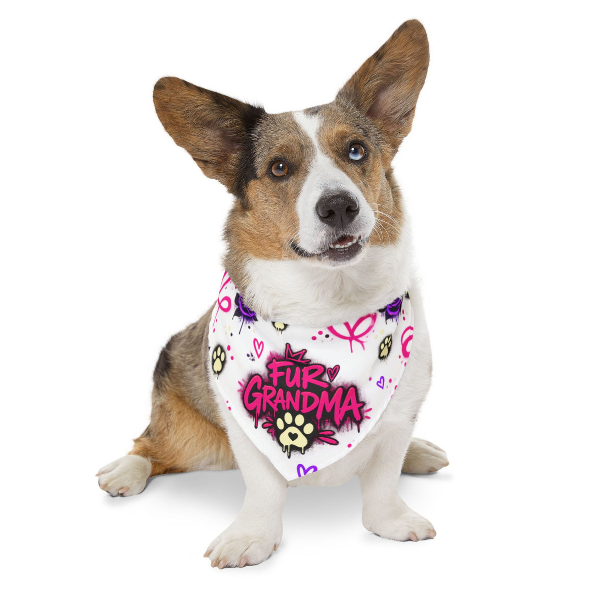 Pet Bandana Collar — “Fur Grandma” Paw Print Bandana Collar, Floral Pink & Purple Dog Scarf