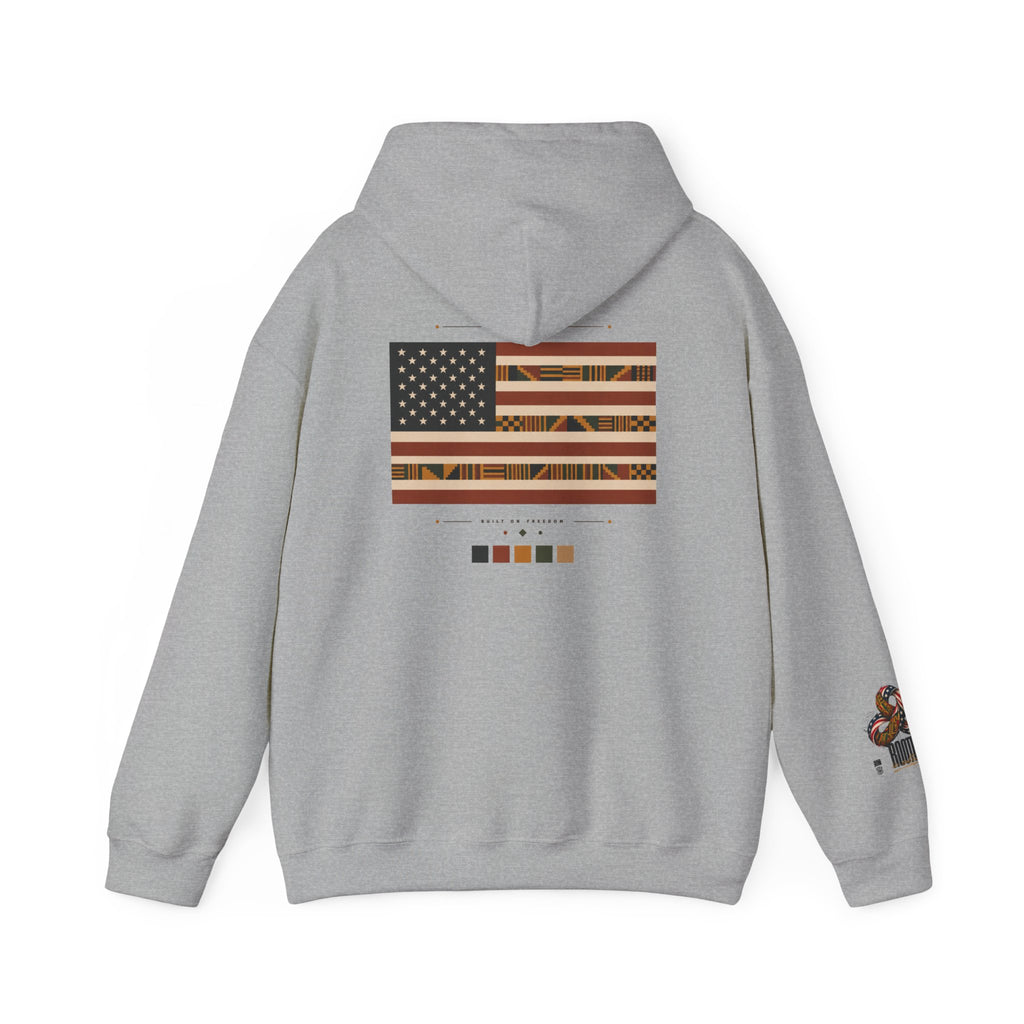 Black Graphic Hoodie — "Rooted in Culture" African Kente Inspired and USA pattern Pullover