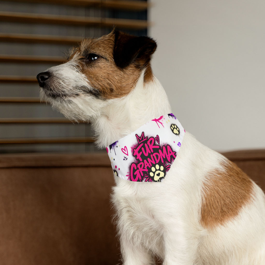 Pet Bandana Collar — “Fur Grandma” Paw Print Bandana Collar, Floral Pink & Purple Dog Scarf