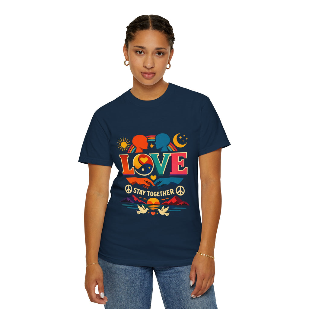 Love Together Retro Graphic T-Shirt — Colorful Peace & Unity Tee