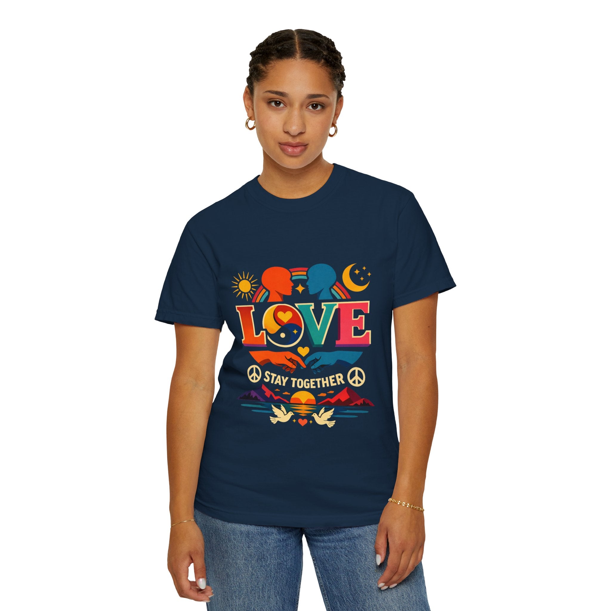 Love Together Retro Graphic T-Shirt — Colorful Peace & Unity Tee