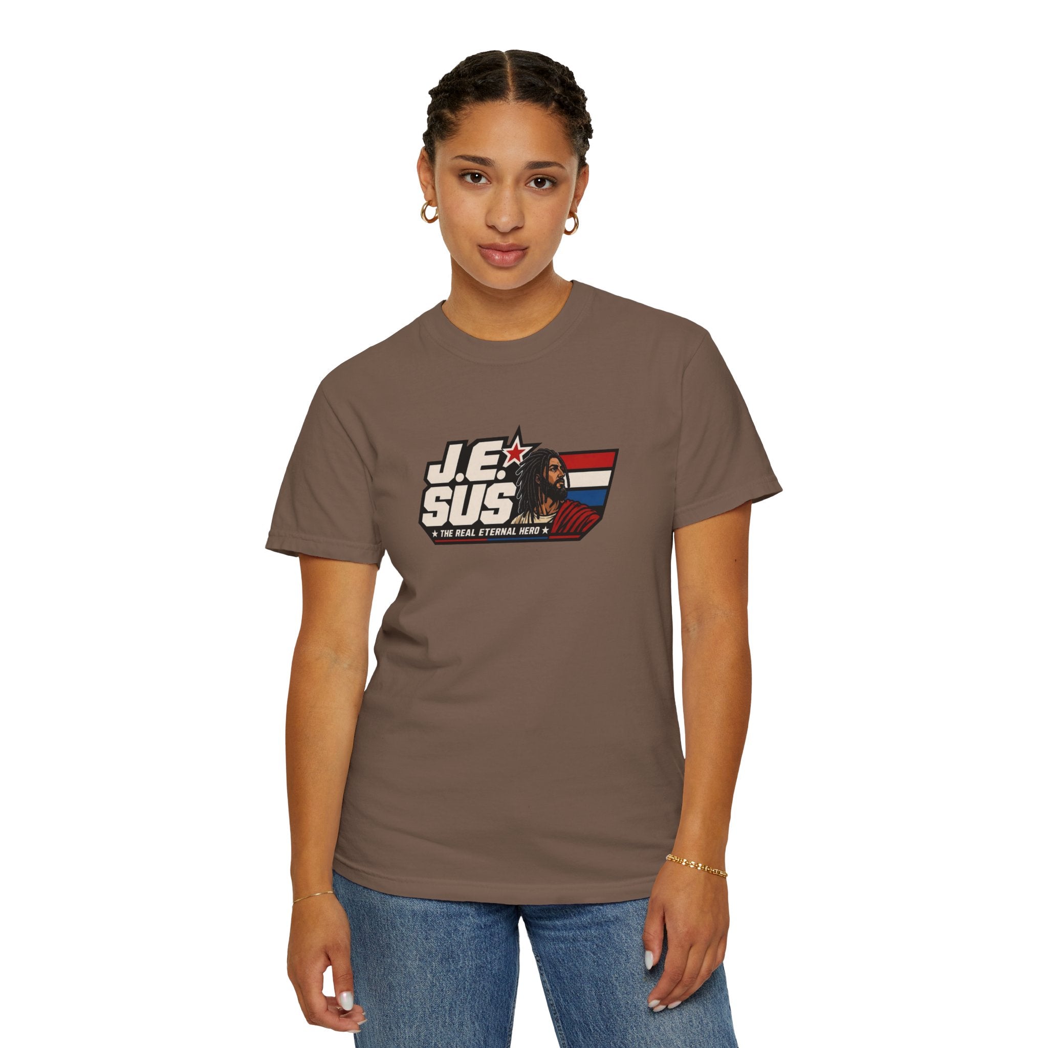 Jesus Retro Graphic T-Shirt — “J.E.SUS The Real Eternal Hero” Christian Vintage Tee