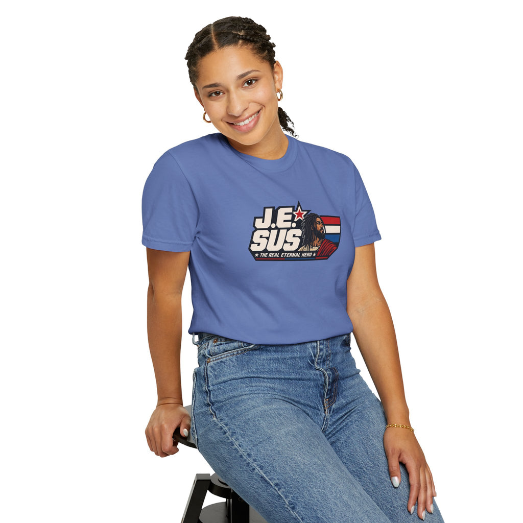 Jesus Retro Graphic T-Shirt — “J.E.SUS The Real Eternal Hero” Christian Vintage Tee