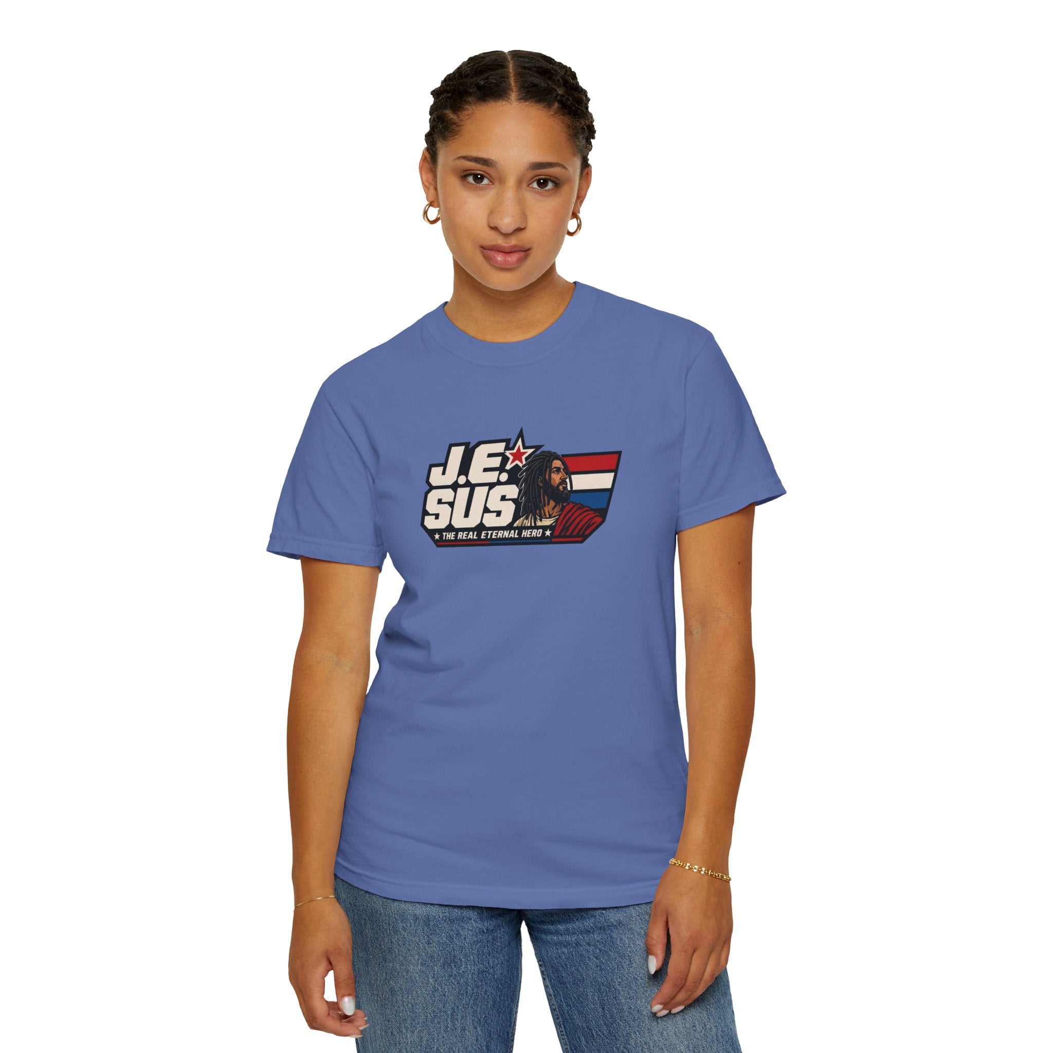 Jesus Retro Graphic T-Shirt — “J.E.SUS The Real Eternal Hero” Christian Vintage Tee