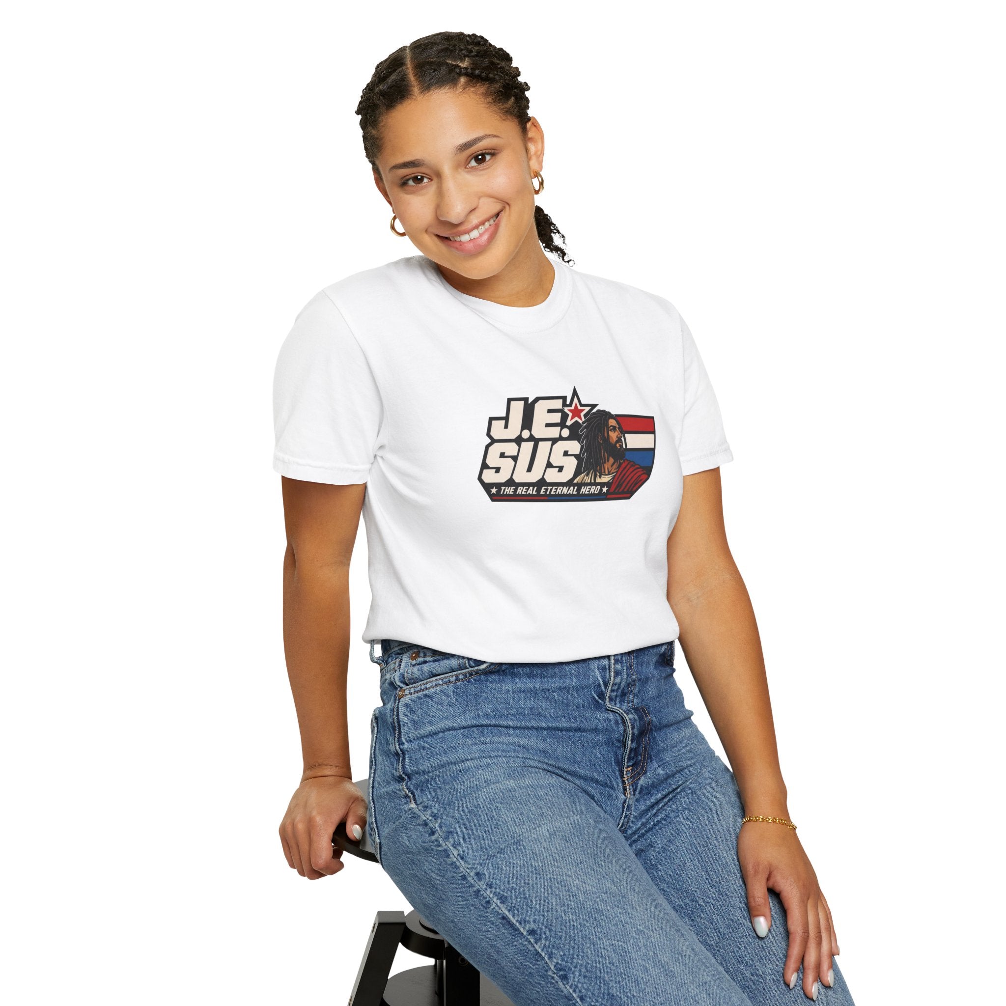 Jesus Retro Graphic T-Shirt — “J.E.SUS The Real Eternal Hero” Christian Vintage Tee