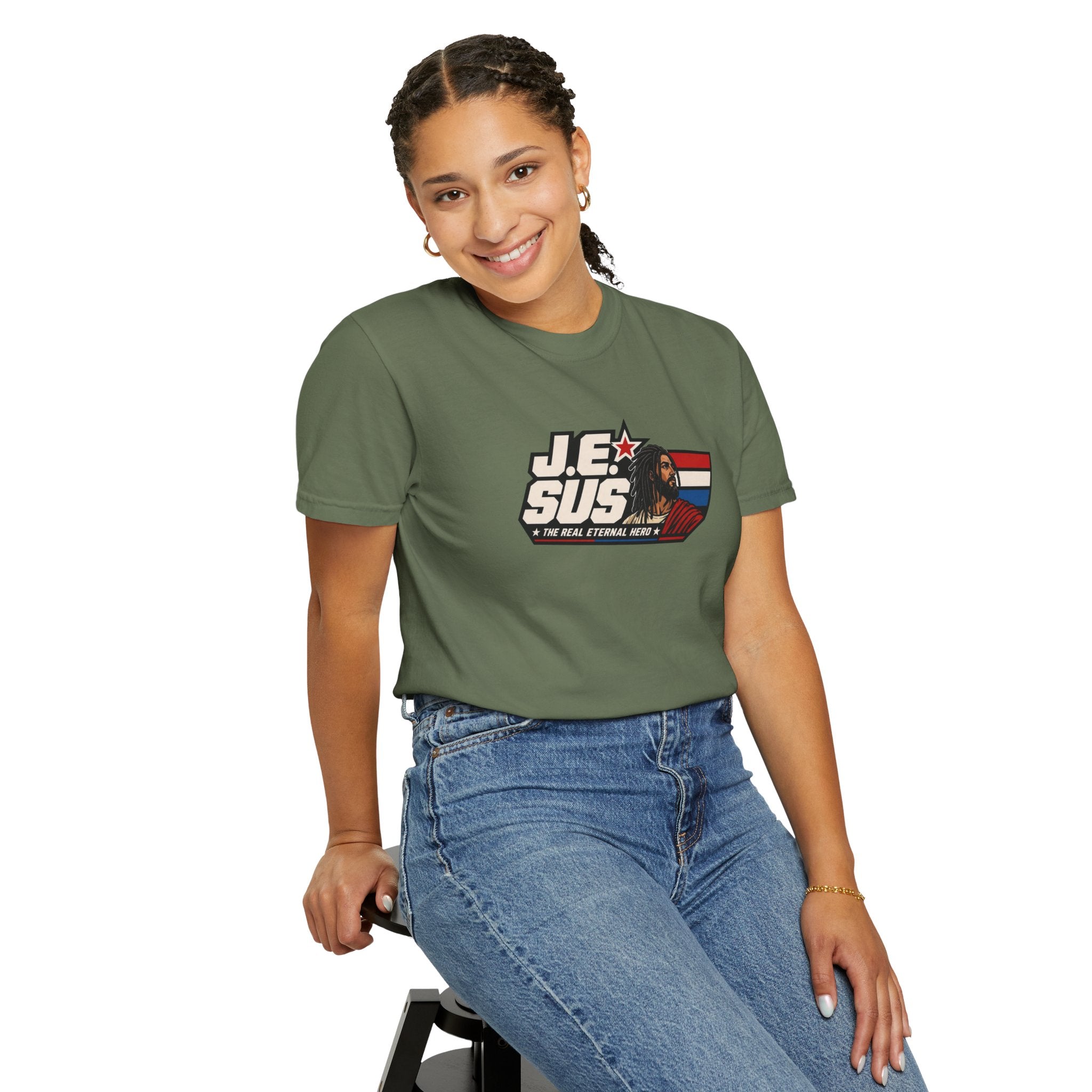 Jesus Retro Graphic T-Shirt — “J.E.SUS The Real Eternal Hero” Christian Vintage Tee