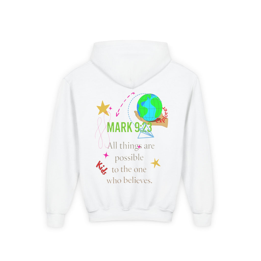 Youth Hoodie — “Little Vessels” Princess Christian Kids Sweatshirt (Mark 9:23, All Things Possible)