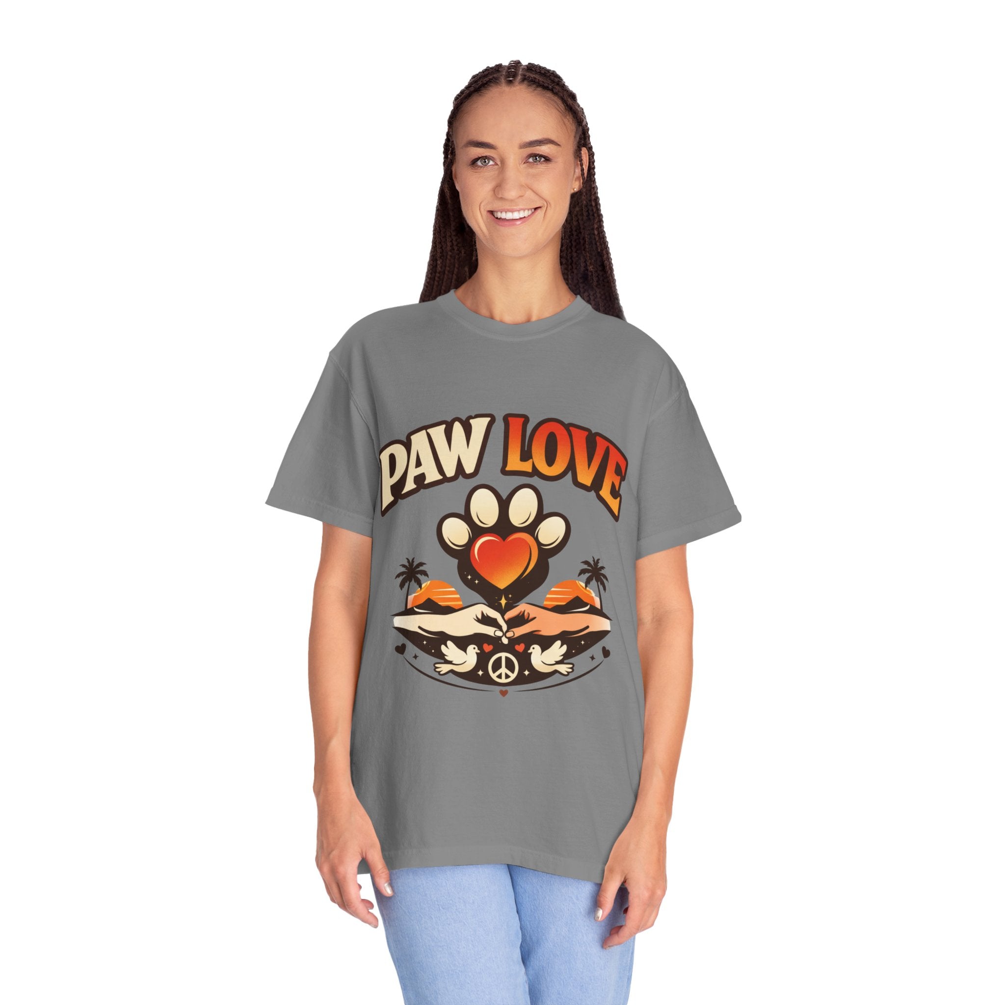 Paw Love T-Shirt — Retro Heart Paw Graphic Tee for Dog Lovers