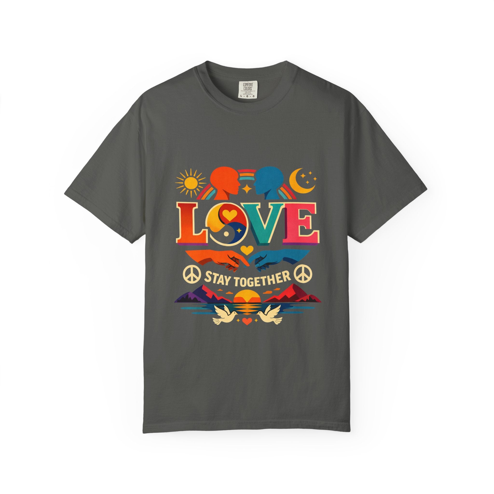 Love Together Retro Graphic T-Shirt — Colorful Peace & Unity Tee