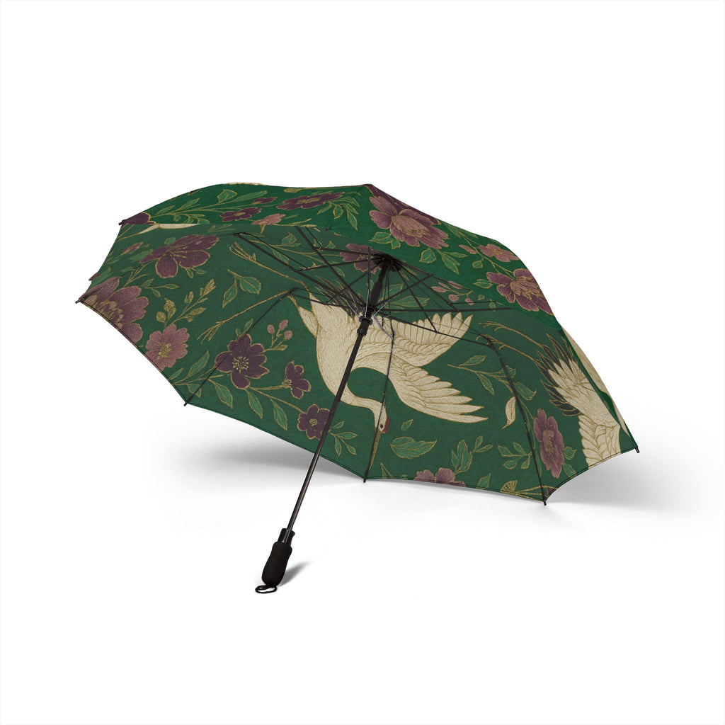 Foldable Umbrella — Vintage Crane & Floral Print, Compact Semi-Automatic Travel Umbrella