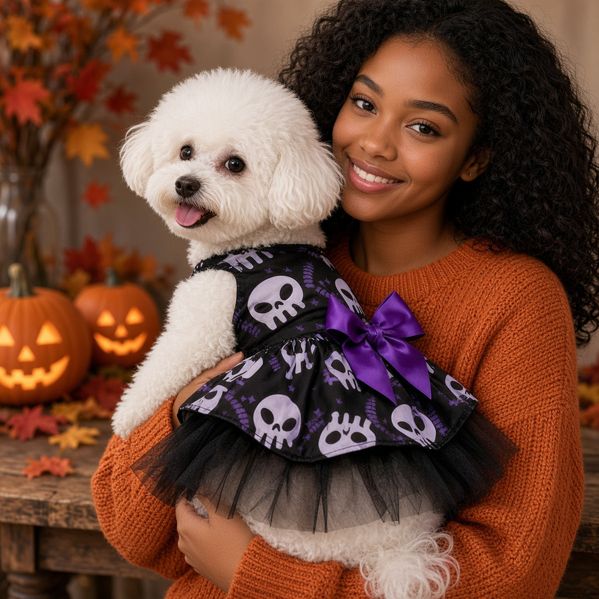 Halloween Puff Skirt for Dogs | Pumpkin & Skull Print Tutu Dress for Small & Medium Dogs S–XL