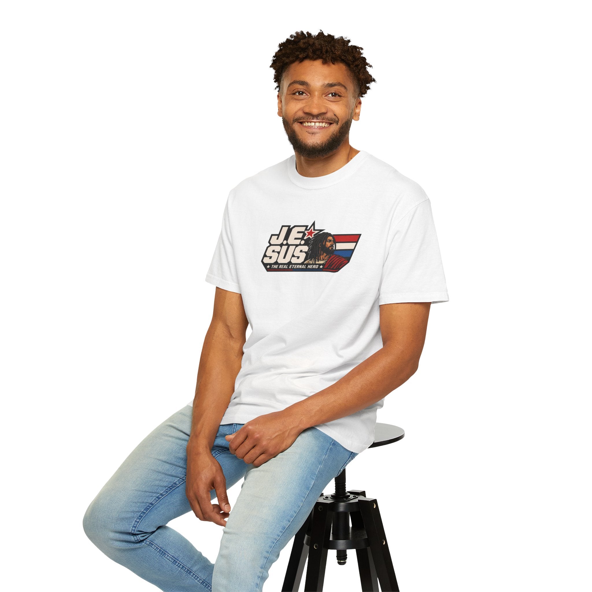 Jesus Retro Graphic T-Shirt — “J.E.SUS The Real Eternal Hero” Christian Vintage Tee