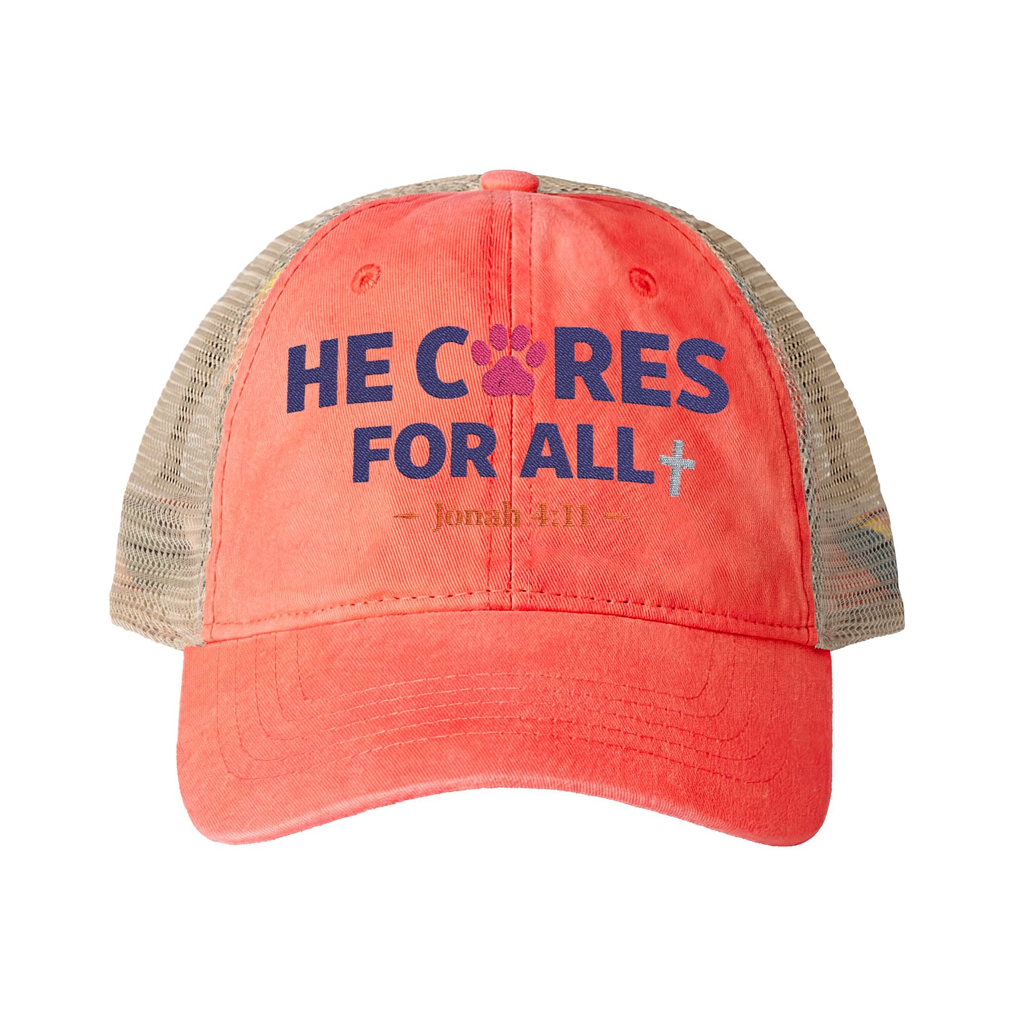 He Cares for All Scripture Paw Print Women's Washed Mesh-Back Cap