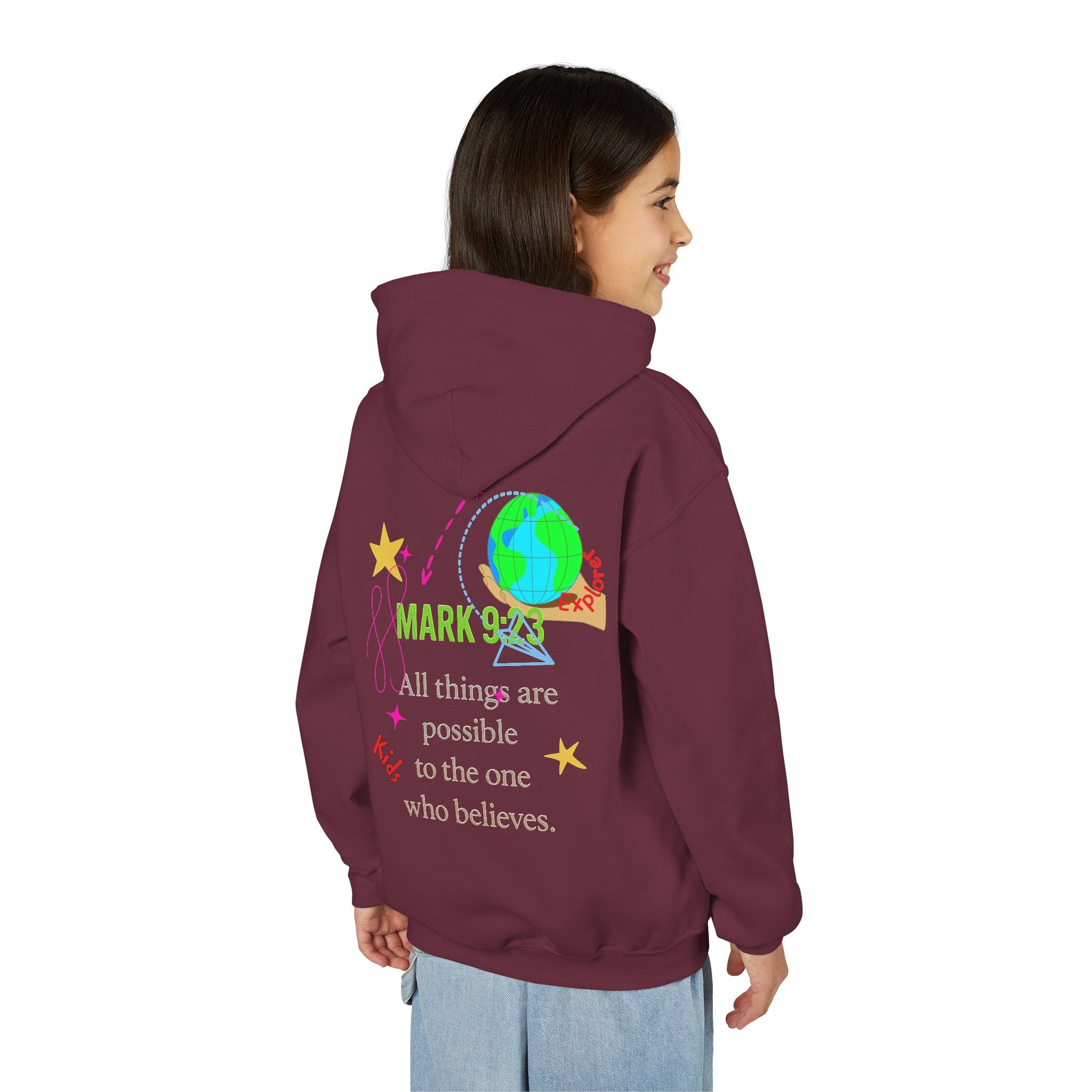 Youth Hoodie — “Little Vessels” Princess Christian Kids Sweatshirt (Mark 9:23, All Things Possible)