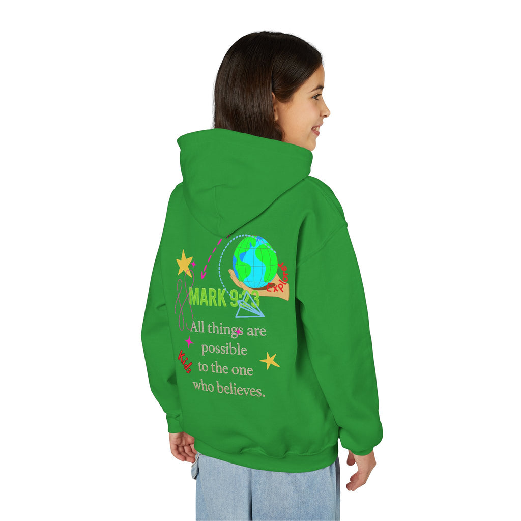 Youth Hoodie — “Little Vessels” Princess Christian Kids Sweatshirt (Mark 9:23, All Things Possible)