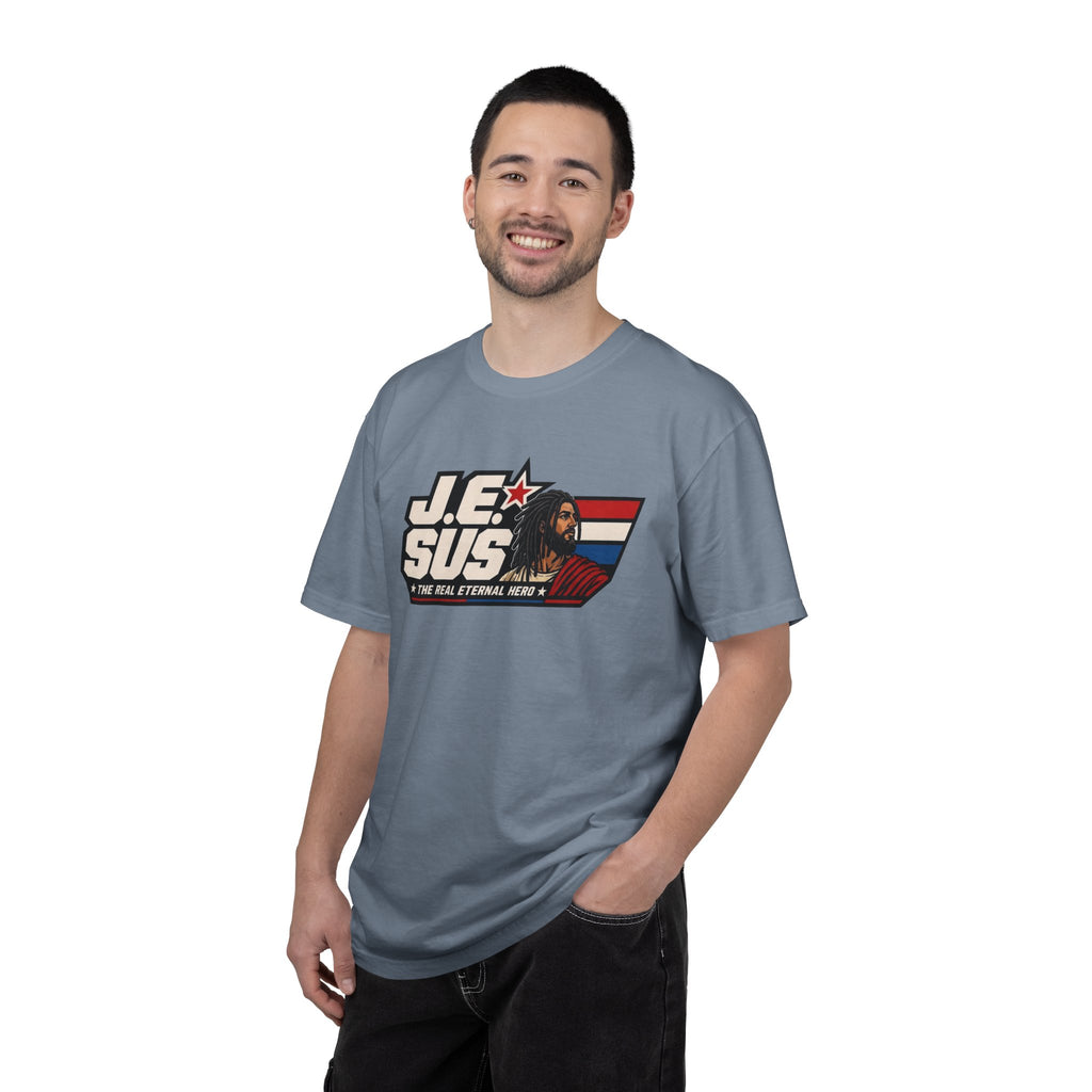 Jesus Retro Graphic T-Shirt — “J.E.SUS The Real Eternal Hero” Christian Vintage Tee
