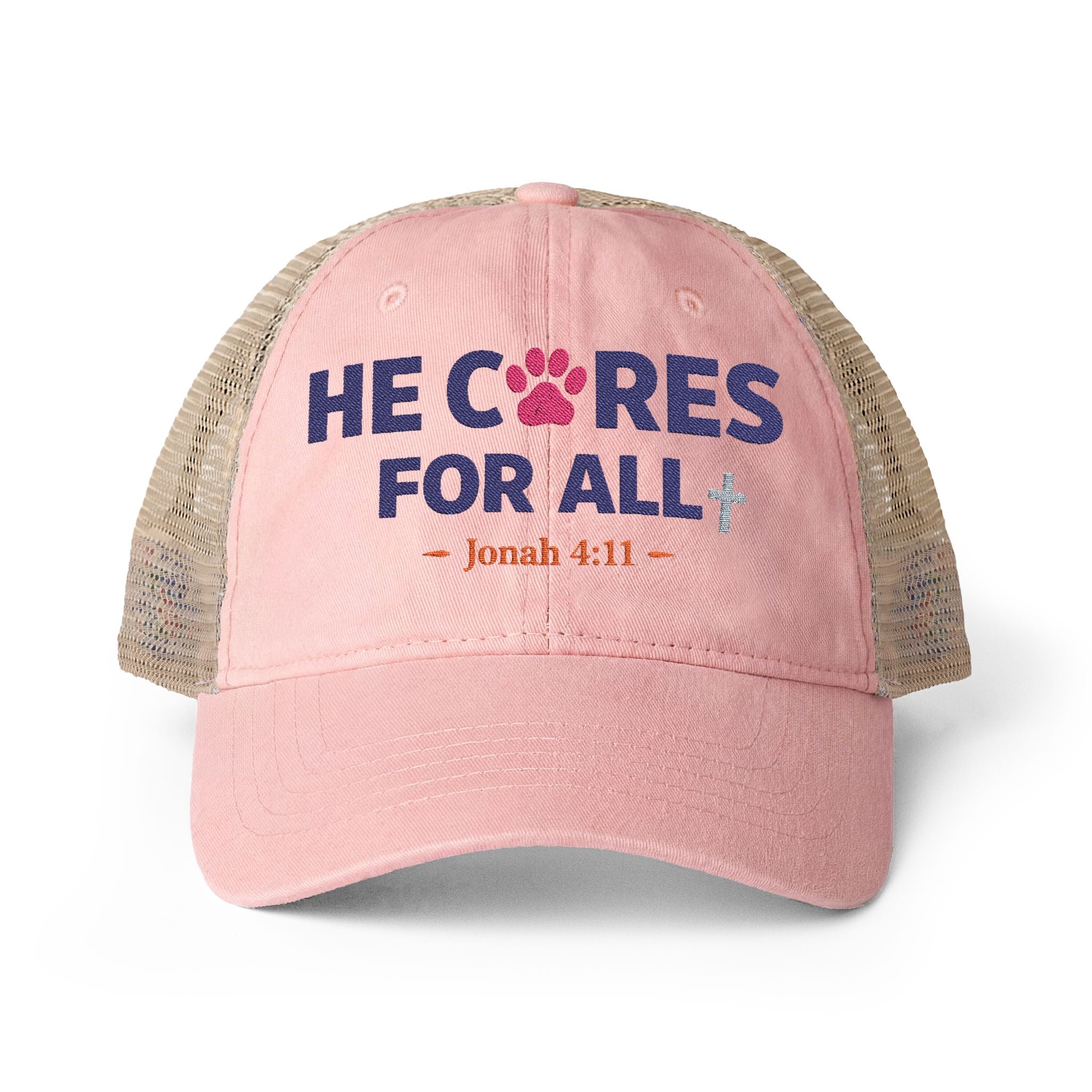 He Cares for All Scripture Paw Print Women's Washed Mesh-Back Cap