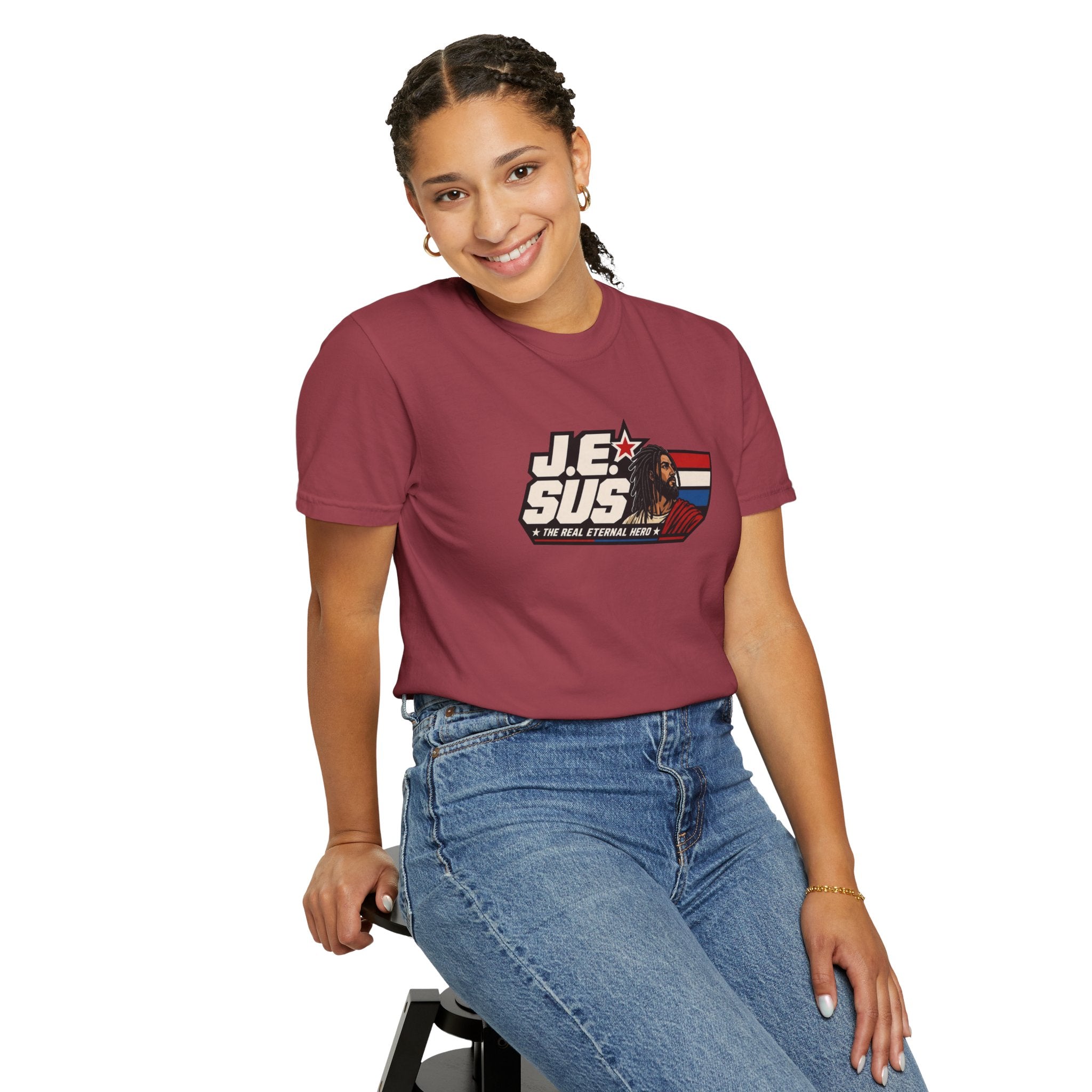 Jesus Retro Graphic T-Shirt — “J.E.SUS The Real Eternal Hero” Christian Vintage Tee
