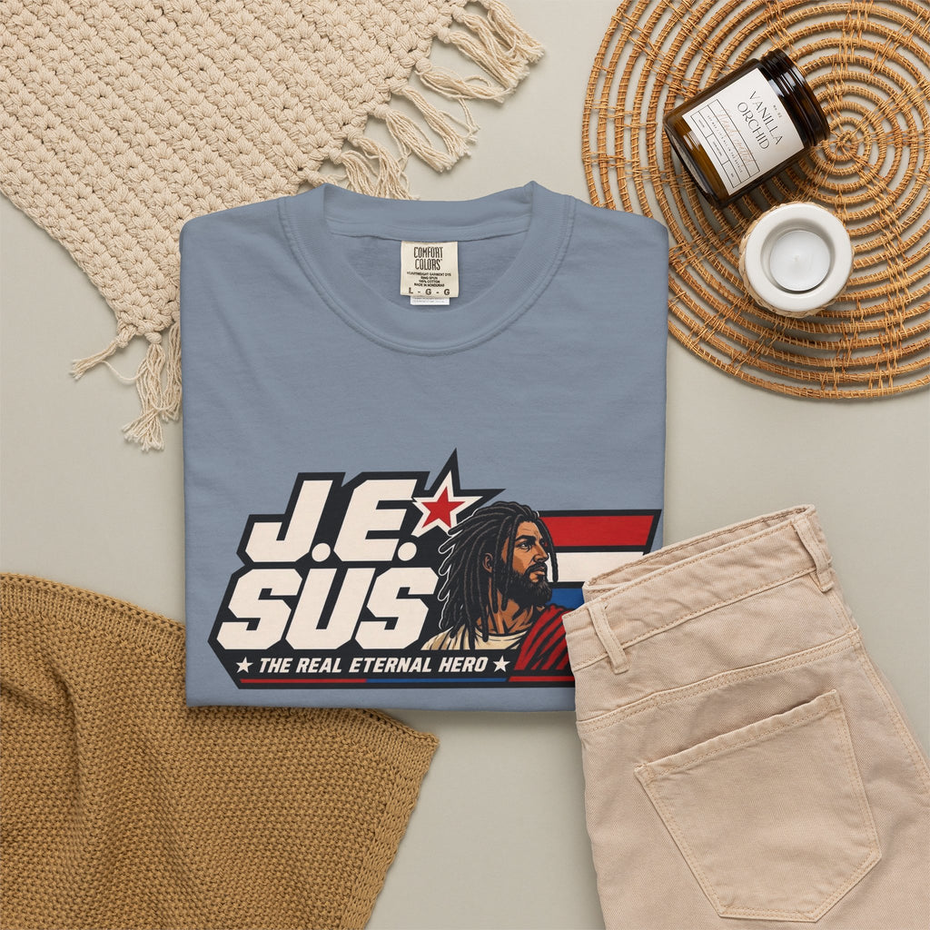 Jesus Retro Graphic T-Shirt — “J.E.SUS The Real Eternal Hero” Christian Vintage Tee