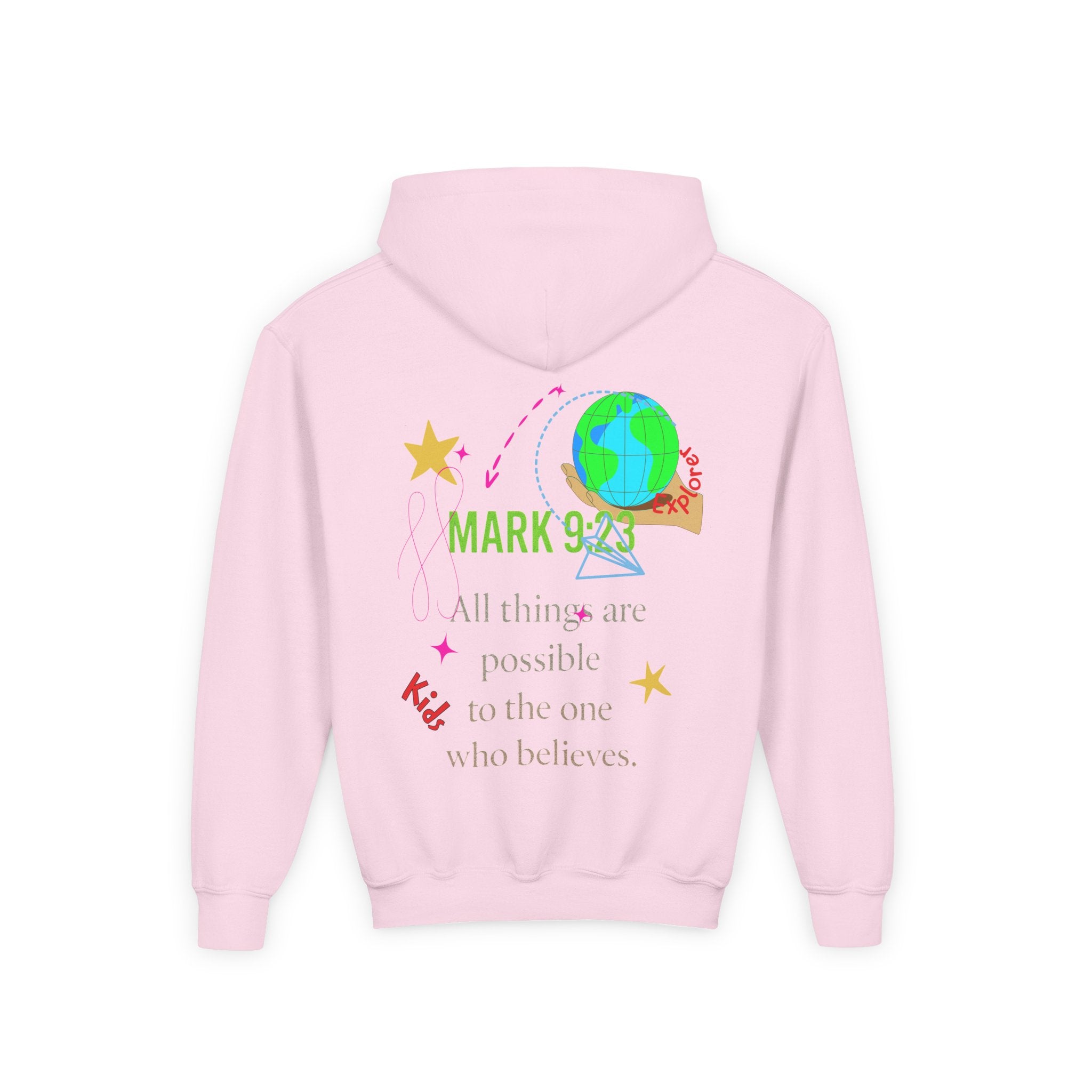 Youth Hoodie — “Little Vessels” Princess Christian Kids Sweatshirt (Mark 9:23, All Things Possible)